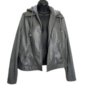 J2 Faux Leather Moto Jacket Hoodie XL Gray Distressed Edgy Streetwear Biker